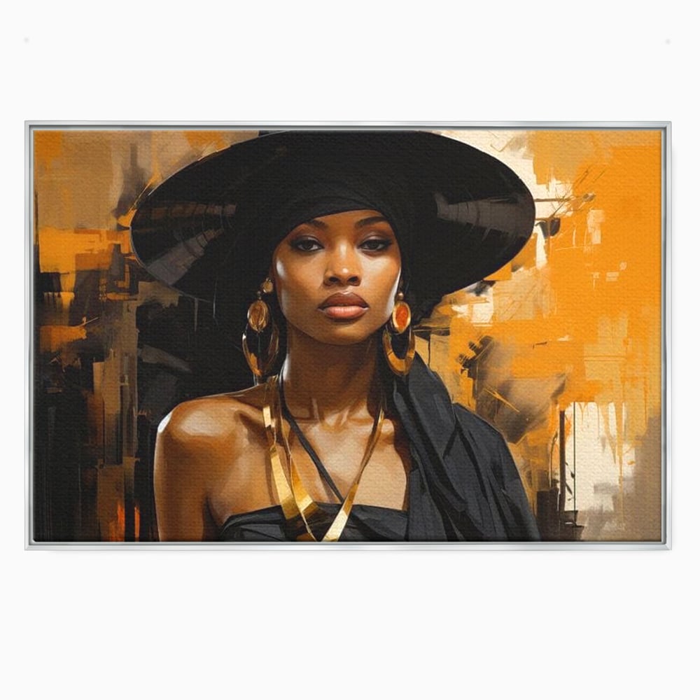 Tablou canvas cu tablou canvas cu femeie in palarie neagra, in rama de aluminiu argintiu